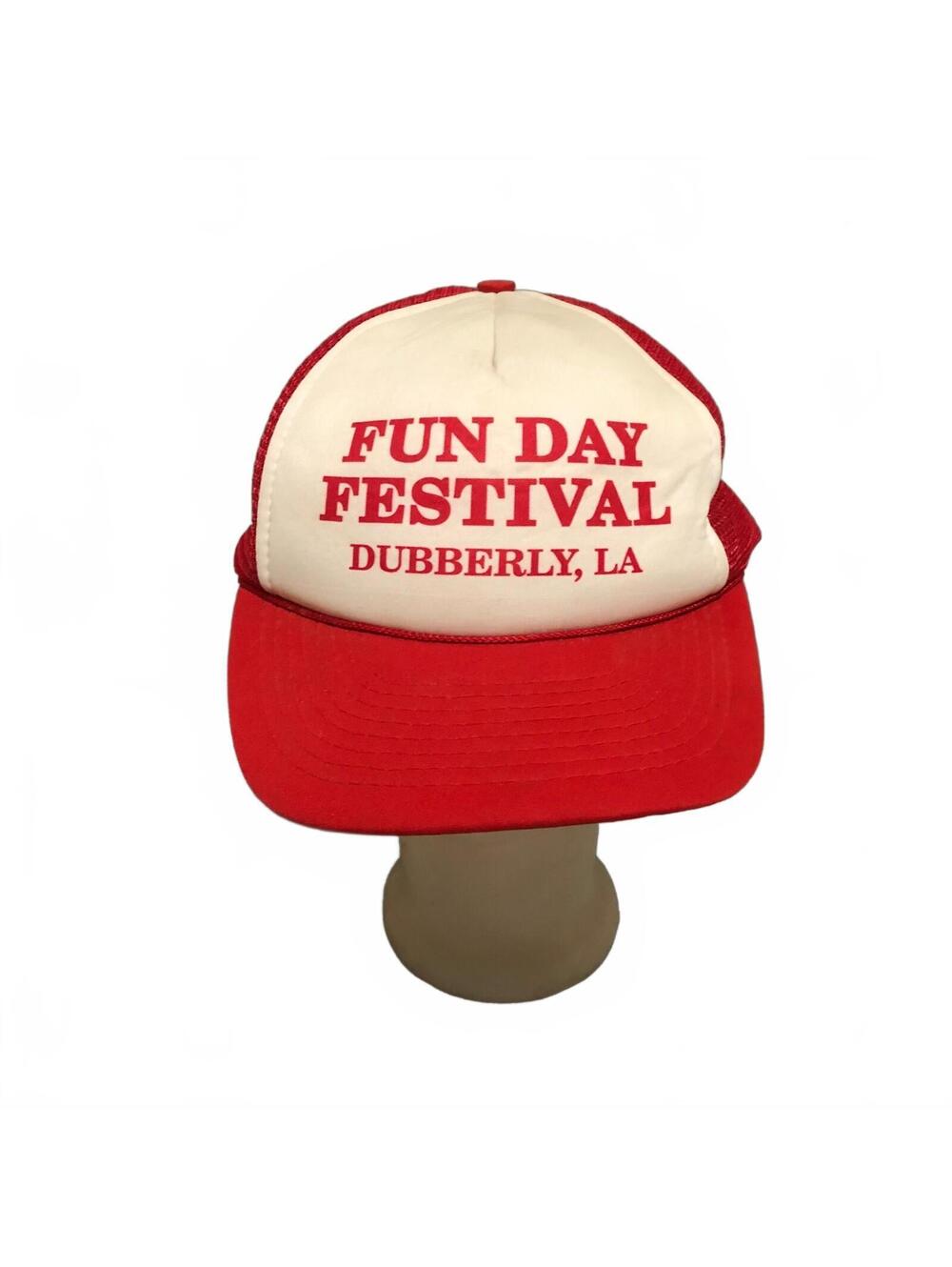 Vintage Fun Day Festival Dubberly LA Red and White Mesh Trucker Hat